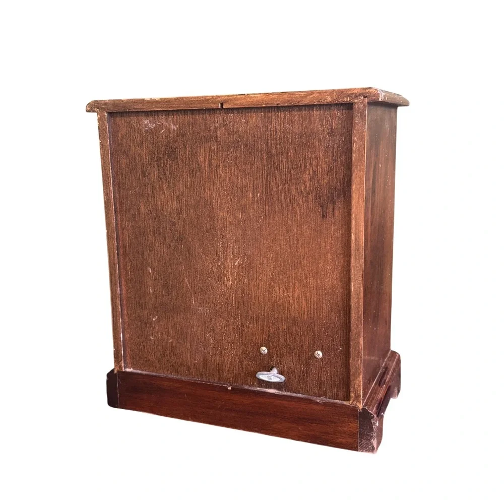 Vintage Wooden Musical Jewelry Box Armoire Etched Glass Floral Mirror Drawers